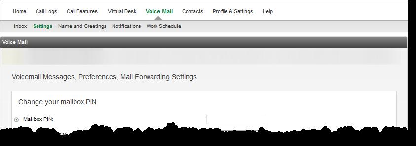 Settings The Settings screen allows you to configure specific mailbox settings, reset your password, and enable voicemail forwarding to email. 1.