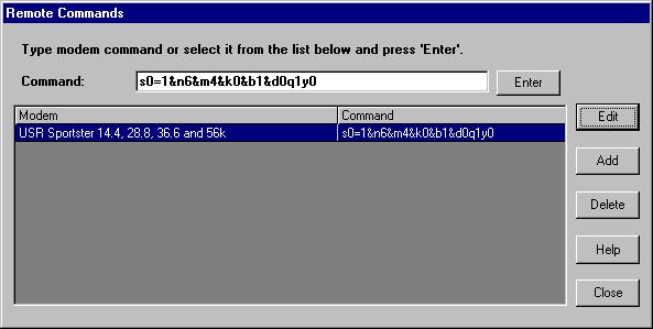 3. The default modem commands for the US Robotics Sportster appear below. Select the appropriate command string for the system type and modem being used.