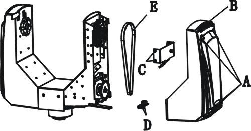 F. If The tilt belt is broken 1. Turn off the mains power. 2. Loosen all the screws (A) and open the right arm cover (B). 3. Loosen the screws (C) that fix the bridge. 4. Change a new belt (E).