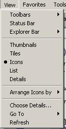 The View Menu Use the View Menu to change the way files are displayed. Large Icons, Small Icons, List or Details. The Bullet signifies the one that is chosen now.
