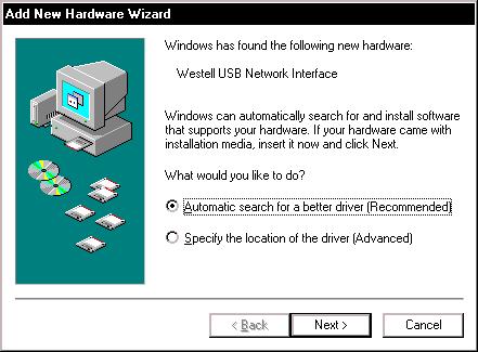 7.2 Installing the USB Driver for Windows ME IMPORTANT: Confirm that the CD-ROM provided with the Router kit is inserted into the PC s CD-ROM drive before beginning this installation. 1.
