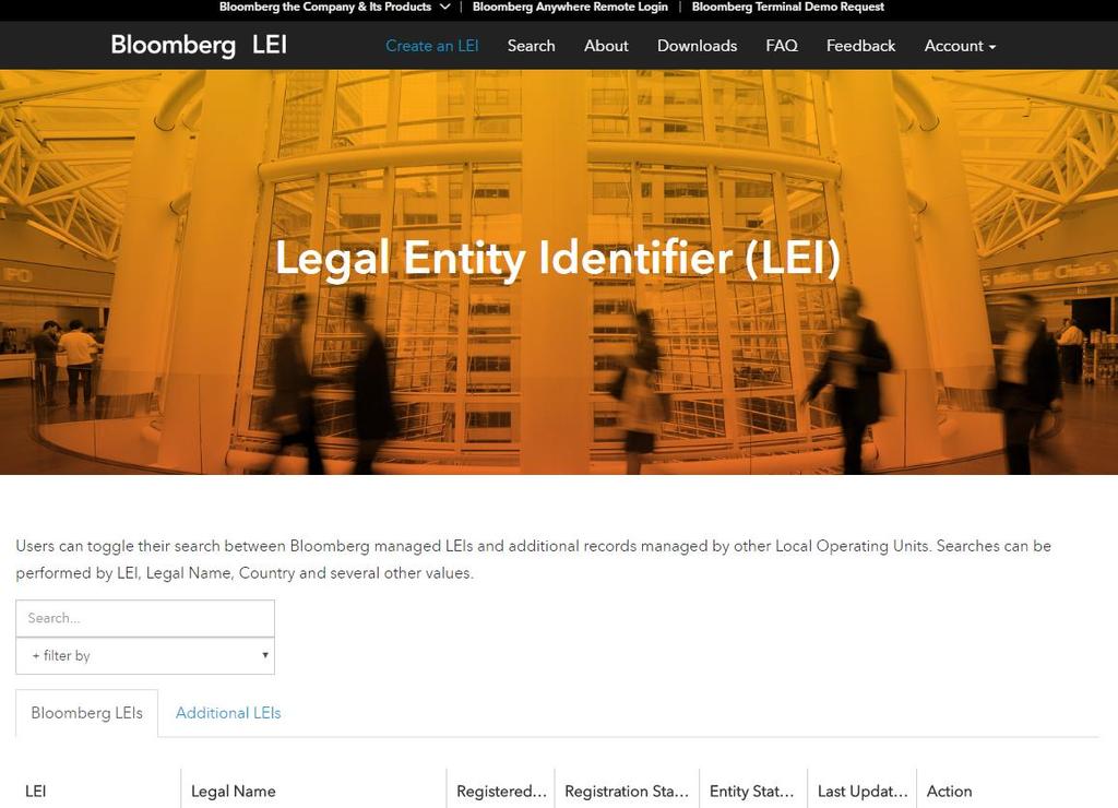 WEB PORTAL (lei.bloomberg.com) 1. Action Types a. Search (No login required) After clicking on the Search button on the main ribbon, you will be directed to a page containing LEI lookup functionality.