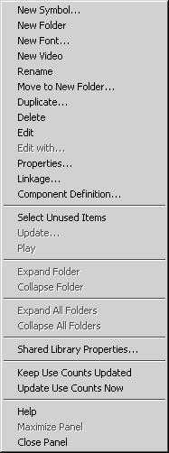 2) Click the Options menu control in the top-right corner of the Library panel, and take a look at the available commands.