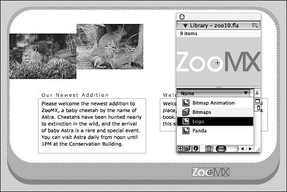 2) Locate the Logo symbol in the zoo10.fla library. Make sure you have the new Logo layer selected, and add an instance of the symbol to the stage by selecting its name and dragging it onto the stage.