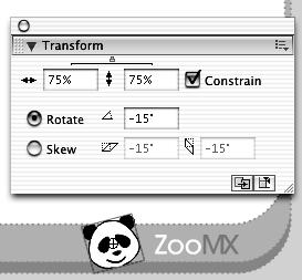 5) Use the Transform panel to set the instance of the Panda symbol to 75% of its original size. Set its rotation to 15. You can open the Transform panel by choosing Window > Transform.
