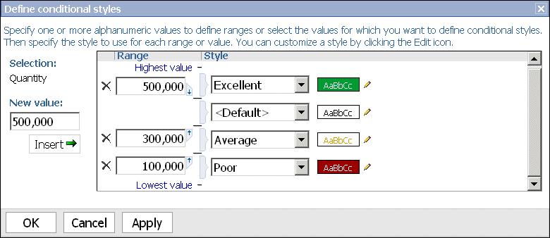 Chapter 2: Using Query Studio 11. Click OK. Values in the Quantity column are formatted according to the ranges you defined. 12. Click the save as button on the toolbar. 13.