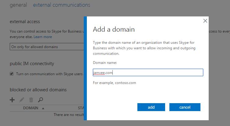 3 If you select On except for blocked domains for open federation then you have completed the task 4 If you select On only for allowed domains for closed federation, then the domains that are that