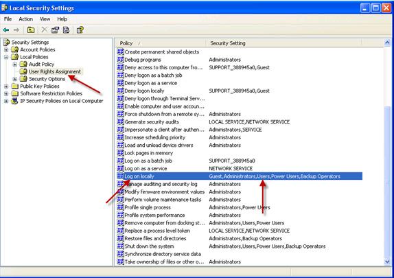 Figure 56 Select Local policies User Rights Assignments within the left window pane and select the log on locally within the right