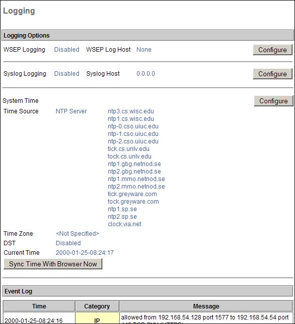 Configuration Overview Logging Page The Logging page shows the current event log, status of WSEP and Syslog logging, and the system time.