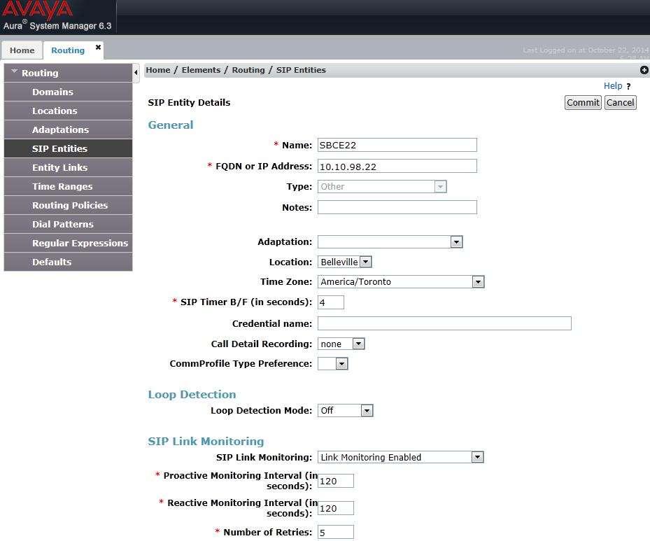 The following screen shows the addition of the SIP Entity for Avaya SBCE. The FQDN or IP Address field is set to the IP address of its private network interface (see Figure 1). Select Type as Other.