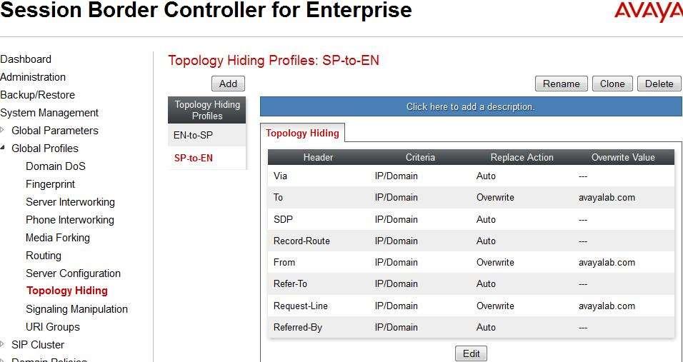 Topology Hiding Profile for EN Profile SP-to-EN was also created to mask SP URI-Host in Request-URI, From, To headers to the enterprise domain avayalab.