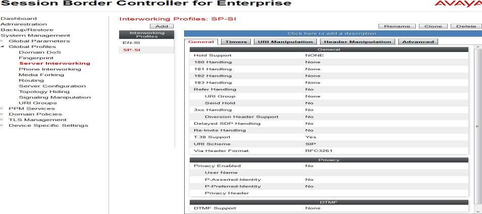 Server Interworking profile for SP Profile SP-SI was defined to match the specification of SP.