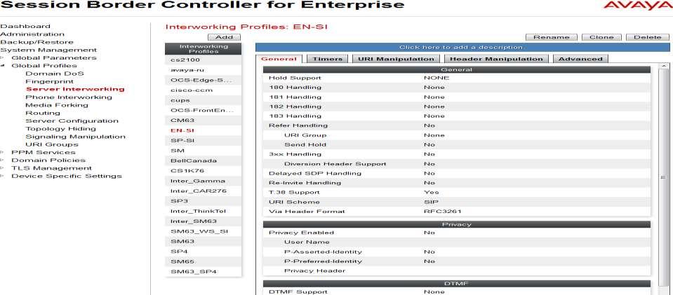 Server Interworking profile for EN Profile EN-SI was defined to match the specification of EN.