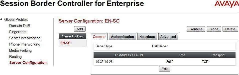 Server Configuration for EN Server Configuration named EN-SC created for EN is discussed in detail below. General and Advanced tabs are provisioned but no configuration is done for Authentication tab.