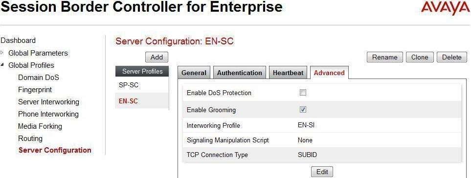 In the General tab, click on the Edit button then specify Server Type for EN as Call Server. In the compliance testing, the link between the Avaya SBCE and EN was TCP and listened on port 5060.