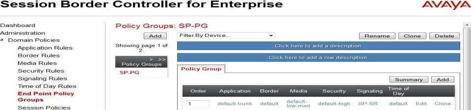Endpoint Policy Group for SP The following screen shows SP-PG created for SP: Set Application to default-trunk. Set Border to default. Set Media to default-low-med. Set Security to default-high.