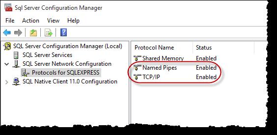 for SQL Server Network Configuration and select Protocols for SQLEXPRESS