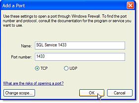 5. Enter the followings: Name: "SQL Service 1433" Port number: 1433 Select TCP, then click [OK] 6.
