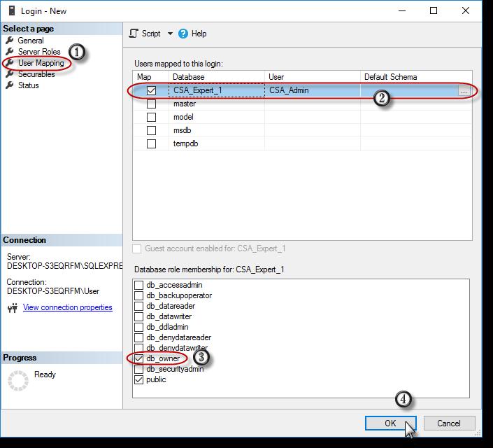 5. Back to Login Properties of CSA_Admin: (1) select User Mapping (2) under Users