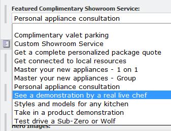 Selecting a featured complimentary showroom service from a drop-down menu Step 1: To select a featured complimentary