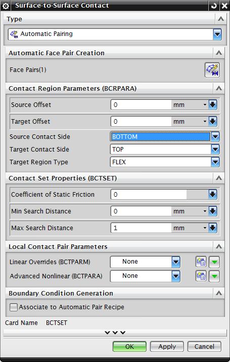Next, double-click on the now created FaceContact(1). Check that Source Region is RIGID and Target Region is FLEX.