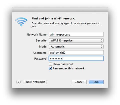 In the Network name field, type winthropsecure (all lower case) and change the Security to WPA2 Enterprise. 3.