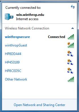 Windows 10 Quick Connect 1. Select the Wi-Fi status icon and select winthropsecure.