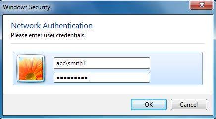 Type in your username and password and note that your username is preceded by ACC\.