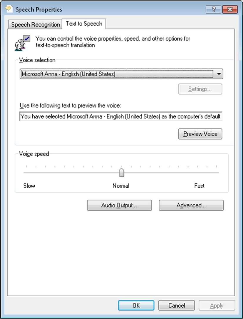 Configure the default Text to Speech voice and speed 1. With a user account that has Administrator permissions, log on to the Windows computer where you installed Interaction Media Streaming Server.