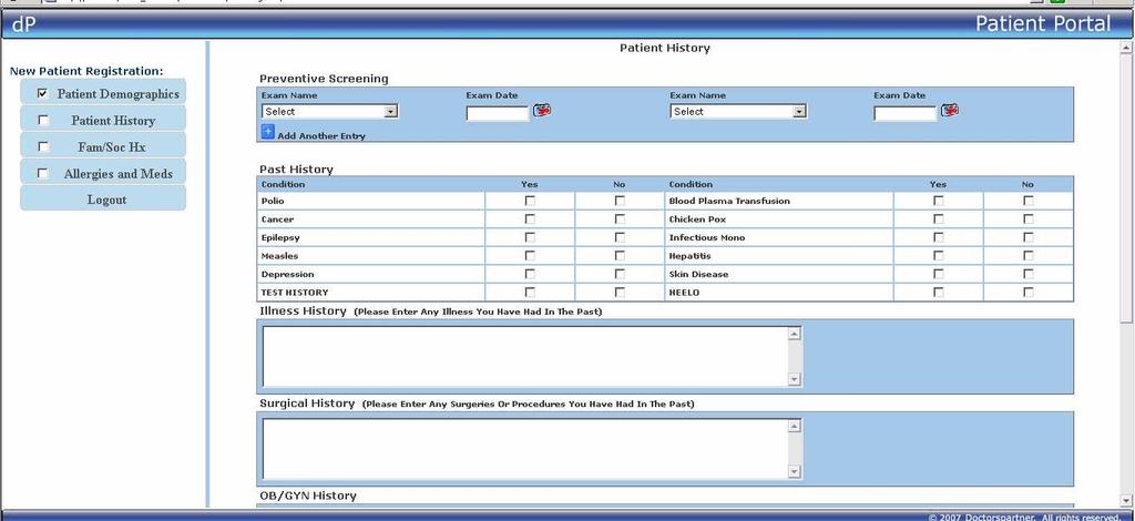 Patient History The next screen is the Patient History Screen Enter in the