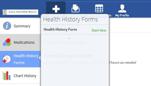 Complete a Health History Form: 1. Click on the Health History Forms on the left hand side under the My Health tab. A new column box will appear. Select which form you d like to complete. 2.