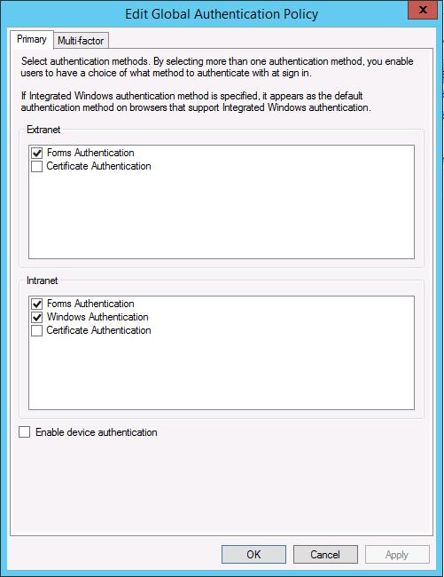 4. Under Intranet, enable (check) Forms Authentication and then click