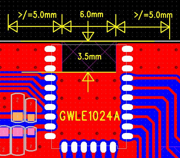 Figure 1: Example layout The following list is aimed to avoid EMC problems caused by RF part of the module. Do not remove copper from the PCB more than needed. Use ground filling as much as possible.