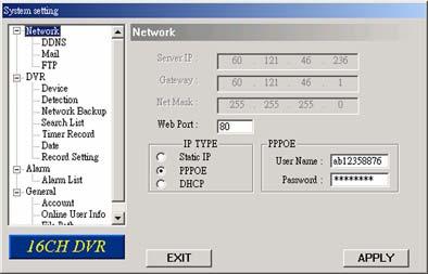 LICENSED SOFTWARE AP 7.5.1 Network The network configuration allows the DVR to connect to an Ethernet network or dial-up network.