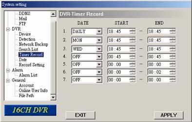 LICENSED SOFTWARE AP (5) Timer Record In DVR Timer Record, you can schedule up to 7 sets of time for recording. Note: The same settings can also be made in the DVR. Please refer to the section 6.