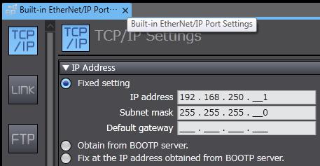 8 The Built-in EtherNet/IP Port Settings Tab Page is displayed in the Edit Pane.