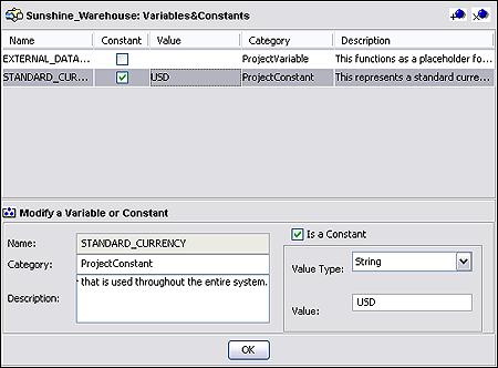 Defining Project Constants Constants and variables are automatically added to a Variables and Constants object group within the Project, as shown in the following figure.