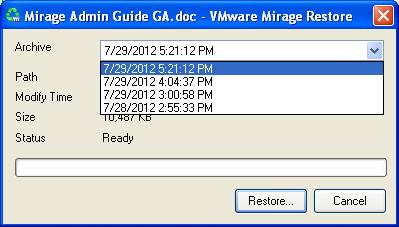 The file restore operation generates an audit event at the Mirage Server for management and support purposes.