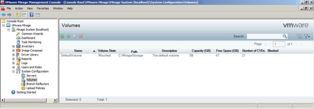 VMware Mirage Administrator's Guide 9.2 Using the Mirage Volumes Window The Mirage Volumes window displays all storage volumes connected to the Mirage Management System.