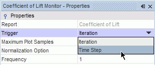Select the Monitors > Coefficient of Lift Monitor node. In the Properties window, set the Trigger property to Time Step.