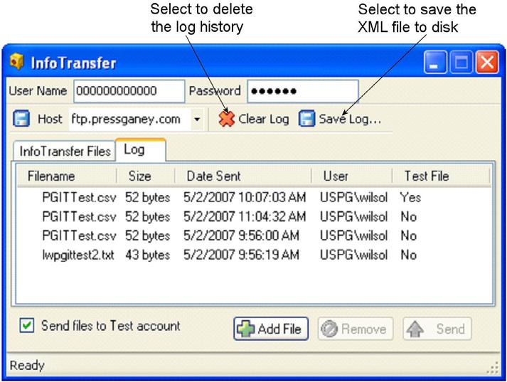 Viewing the Log After files have been sent, they are added to the history log XML file. The log file (named PGTransLog.