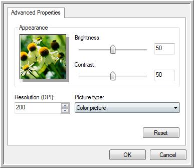 Scanning with the WIA Interface 1. On the scan window, click Adjust the quality of the scanned picture. The Advanced Properties dialog box opens. 2. Select the options for scanning.