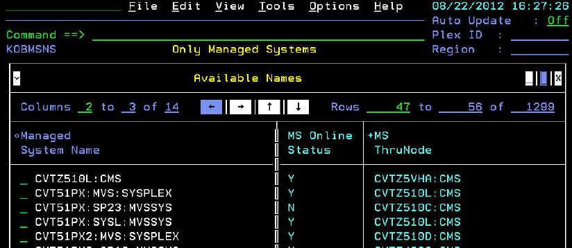 Figure 14. Only Managed Systems panel that lists the available names of the local registry. The various OMEGAMON monitoring agents employ unique conventions to identify agents and managed systems.