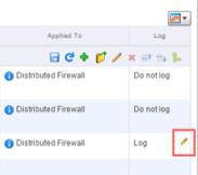 b Enable logging for a rule by hovering over the Log table cell and clicking the pencil icon. Audit logs include administration logs and Distributed Firewall configuration changes.
