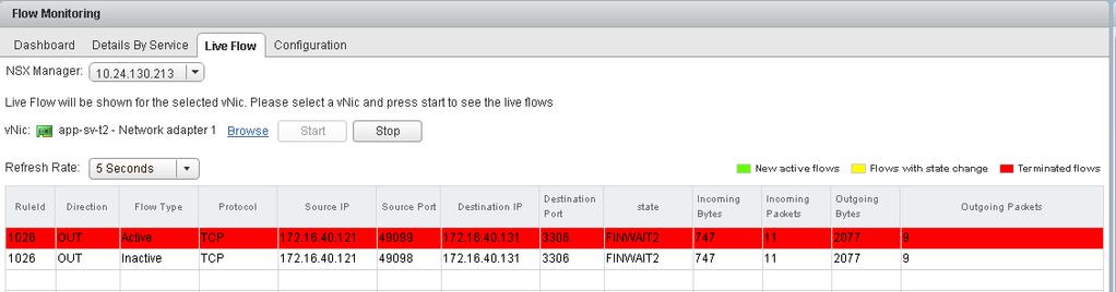4 Click Browse and select a vnic. 5 Click Start to begin viewing live flow. The page refreshes every 5 seconds. You can select a different frequency from the Refresh Rate drop-down.