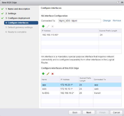 In Configure interfaces of this NSX Edge the internal interfaces are for connections to switches that allow VM-to-VM (sometimes called East-West) communication.