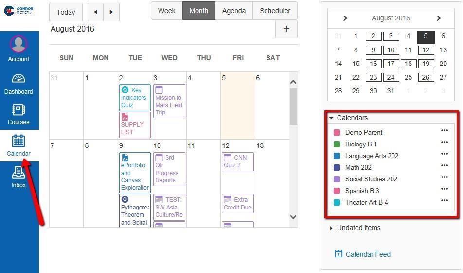 Calendar The calendar will give you an overview of what is going on in each course. You will be able to see assignments, quizzes, discussions, and events that have been posted by teachers.