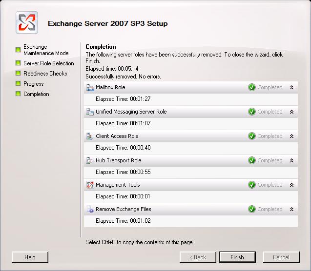 6. If all checks are performed successfully, Uninstall button appears on the page. 7. Click Uninstall to start the uninstallation of Exchange Server. 8. Click Finish to complete the process.