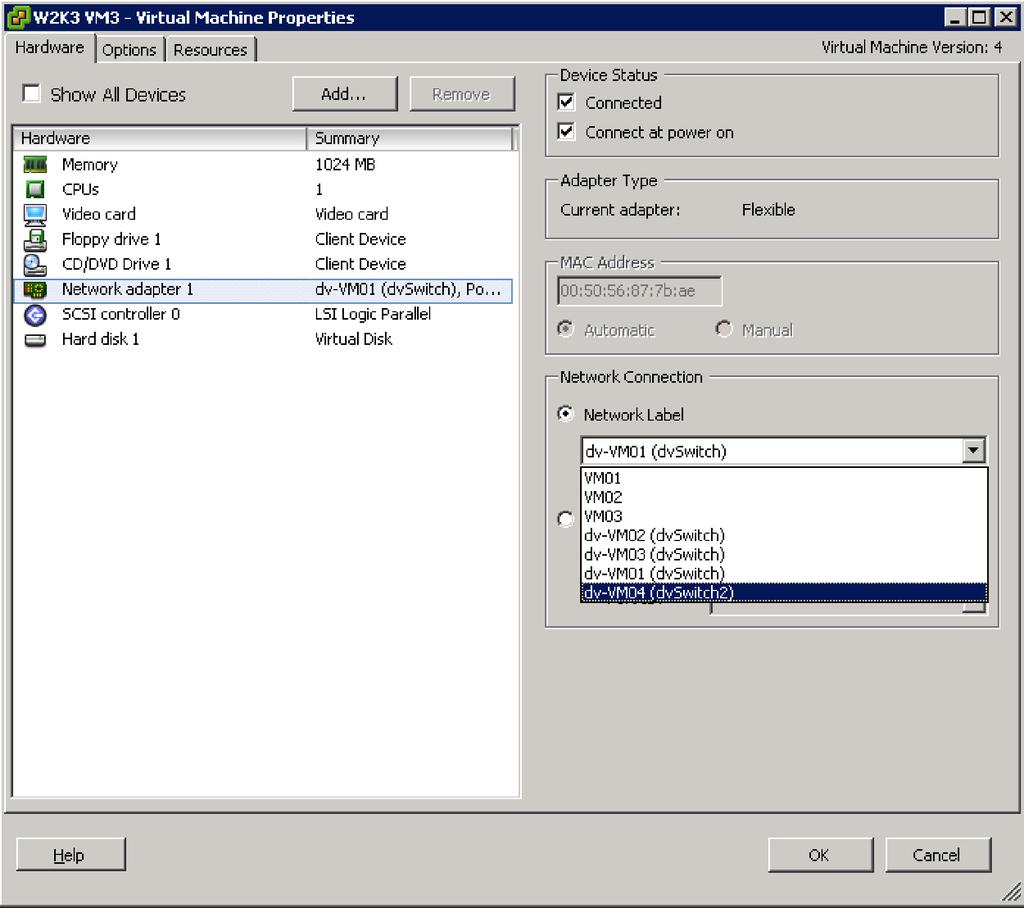 1. Click Edit Settings and in the Virtual Machine Properties window, select the Network Adapter item.