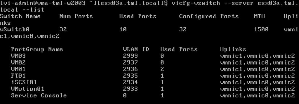 Figure 3.7 a. Listing all the vswitches and port groups on a host Step 3: Add a vswitch to the host, add a port group and an uplink 1. Run vicfg-vswitch --add to create a new vswitch on the host.
